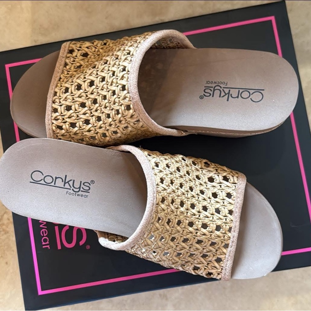 Corkys Tan Wedge Sandals with Woven Design - Picture 2 of 3